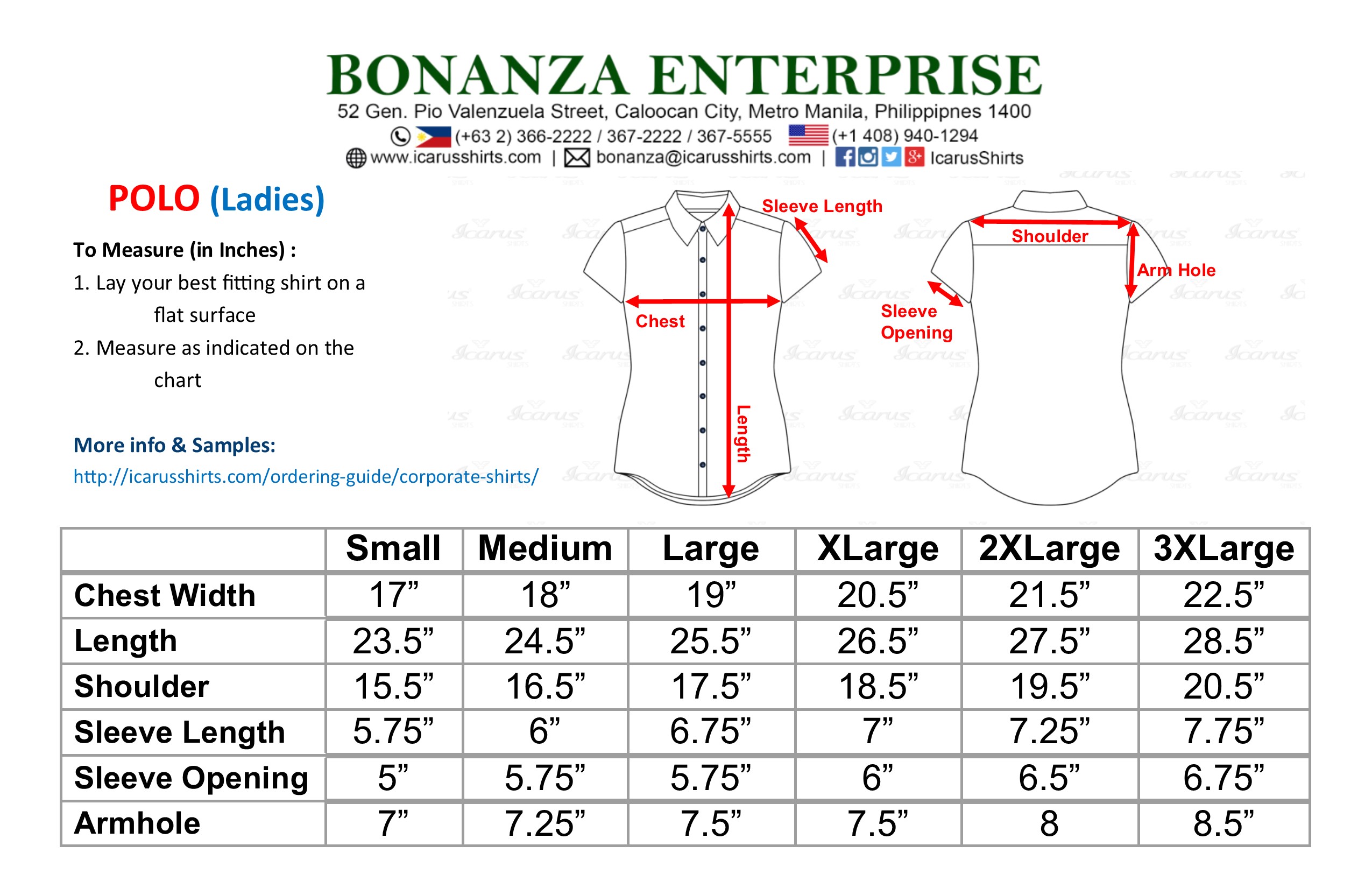 Women's Polo Shirt Size Chart